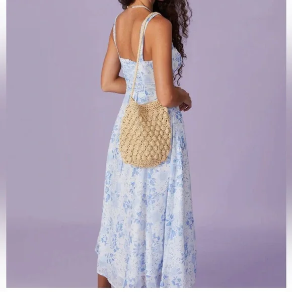 Rihoas Blue Square Neck Floral Ruched Midi Dress - Picture 4 of 11